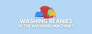 A vector of beanies with the text that reads, "washing beanies in the washing machine?"