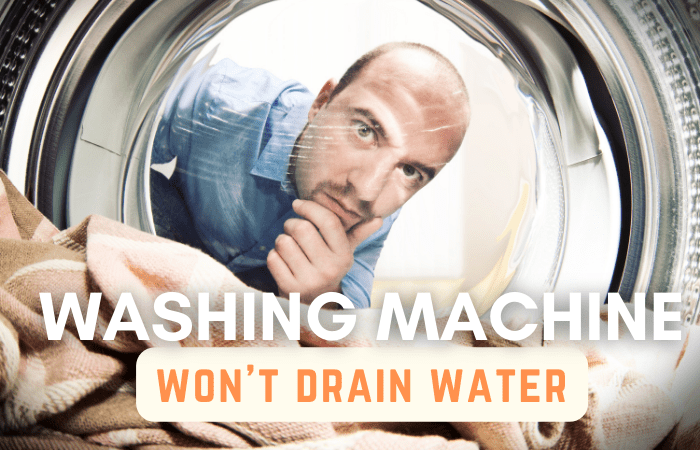 A picture of a main looking inside the washing machine and the text reads, "washing machine won't drain water"