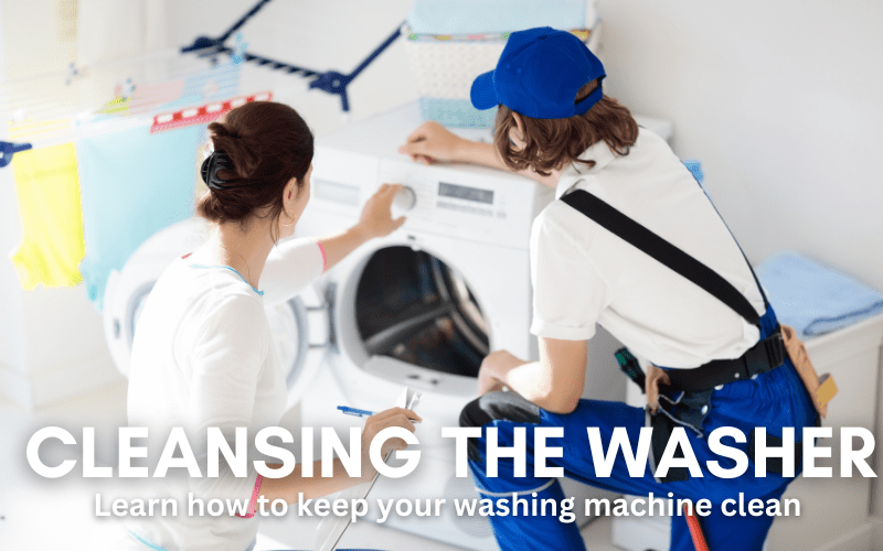 A photo image with a washer mechanic analyzing the washer along with the washing machine owner, and the text reads, "cleansing the washer. Learn how to keep the washing machine clean."