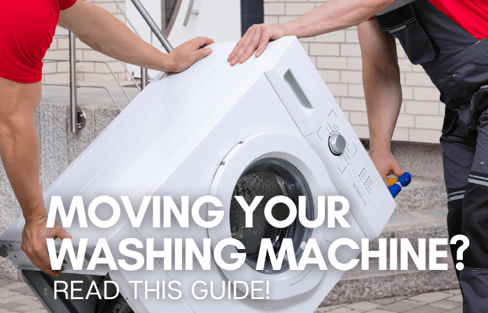 An image with a washing machine and two movers, and the text reads, "moving washing machine? read this guide"