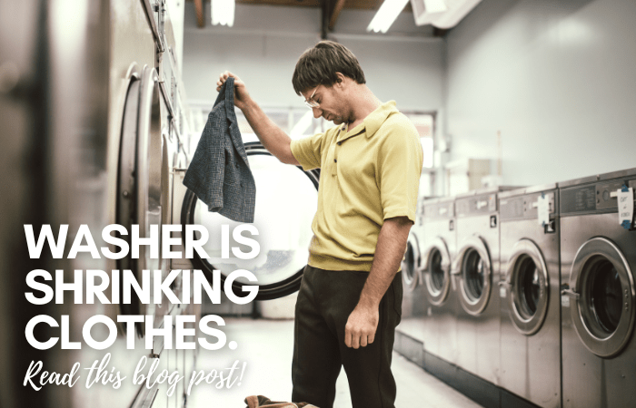 A photo image with a person holding a shrunk jacket and the text reads, "washer is shrinking clothes. Read this blog post."