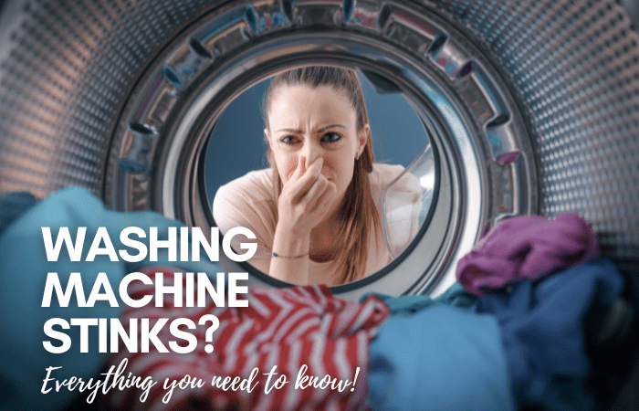 A photo image with a women looking at the stinky laundry inside the washer and the text reads, "washing machine smells? Everything you need to know!"