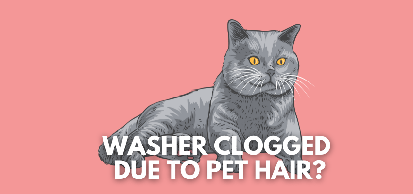 A banner image with a cat vector and the text reads, "washer clogged due to pet hair?"